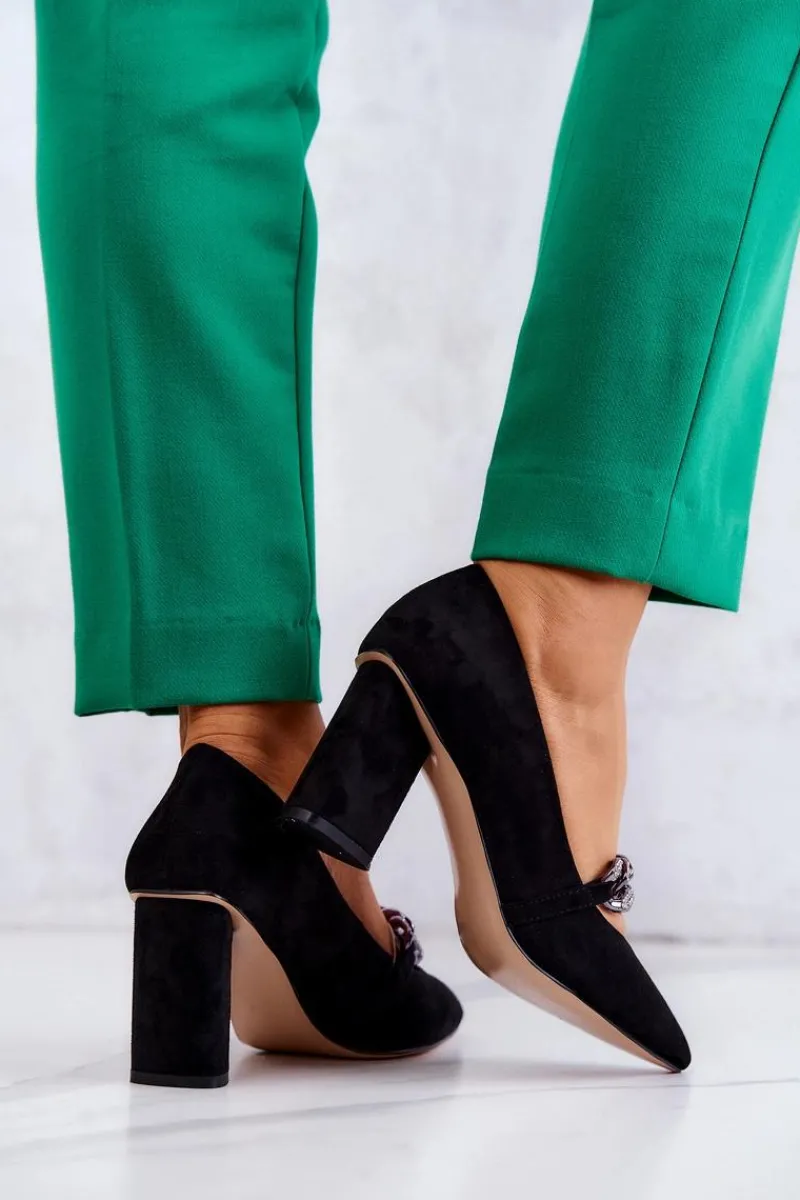 Online Zamszowe Czółenka Z Łańcuchem Czarne Alamoss Damskie Czółenka Zamszowe|Czółenka Na Słupku