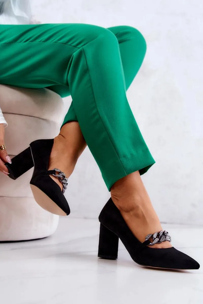 Online Zamszowe Czółenka Z Łańcuchem Czarne Alamoss Damskie Czółenka Zamszowe|Czółenka Na Słupku