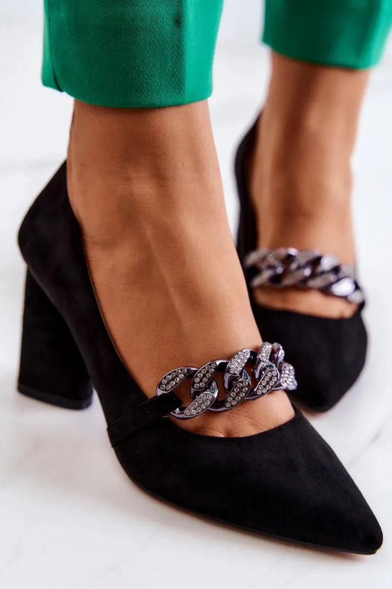 Online Zamszowe Czółenka Z Łańcuchem Czarne Alamoss Damskie Czółenka Zamszowe|Czółenka Na Słupku