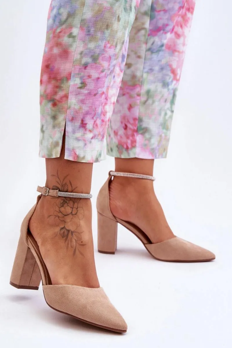 Czółenka Zamszowe|Czółenka Na Słupku>Boto Zamszowe Czółenka Z Cyrkoniami Ciemnobeżowe Diamond