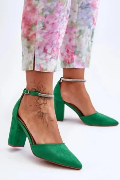 Zamszowe Czółenka Z Cyrkoniami Zielone Diamond Damskie Czółenka Zamszowe|Czółenka Na Słupku