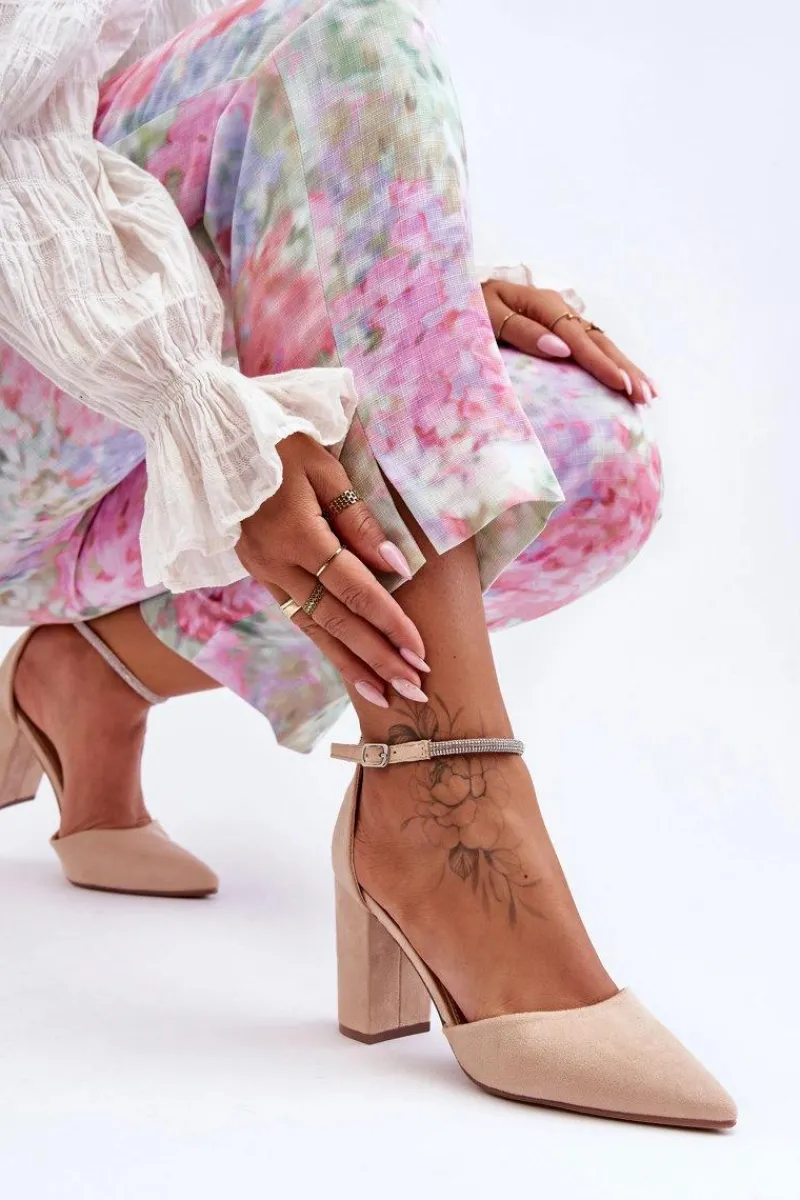 Czółenka Zamszowe|Czółenka Na Słupku>Boto Zamszowe Czółenka Z Cyrkoniami Beżowe Diamond Beżowy