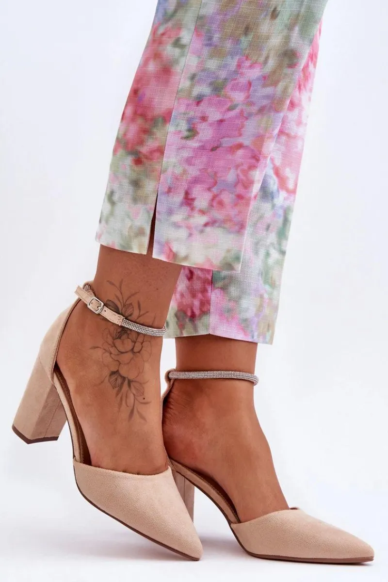 Czółenka Zamszowe|Czółenka Na Słupku>Boto Zamszowe Czółenka Z Cyrkoniami Beżowe Diamond Beżowy