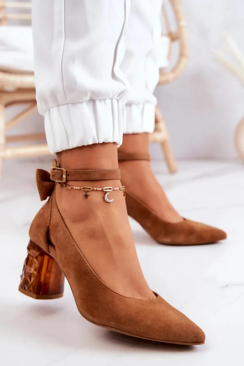 Czółenka Na Słupku>Maciejka Zamszowe Czółenka Z Kokardką 05059-29 Brązowe