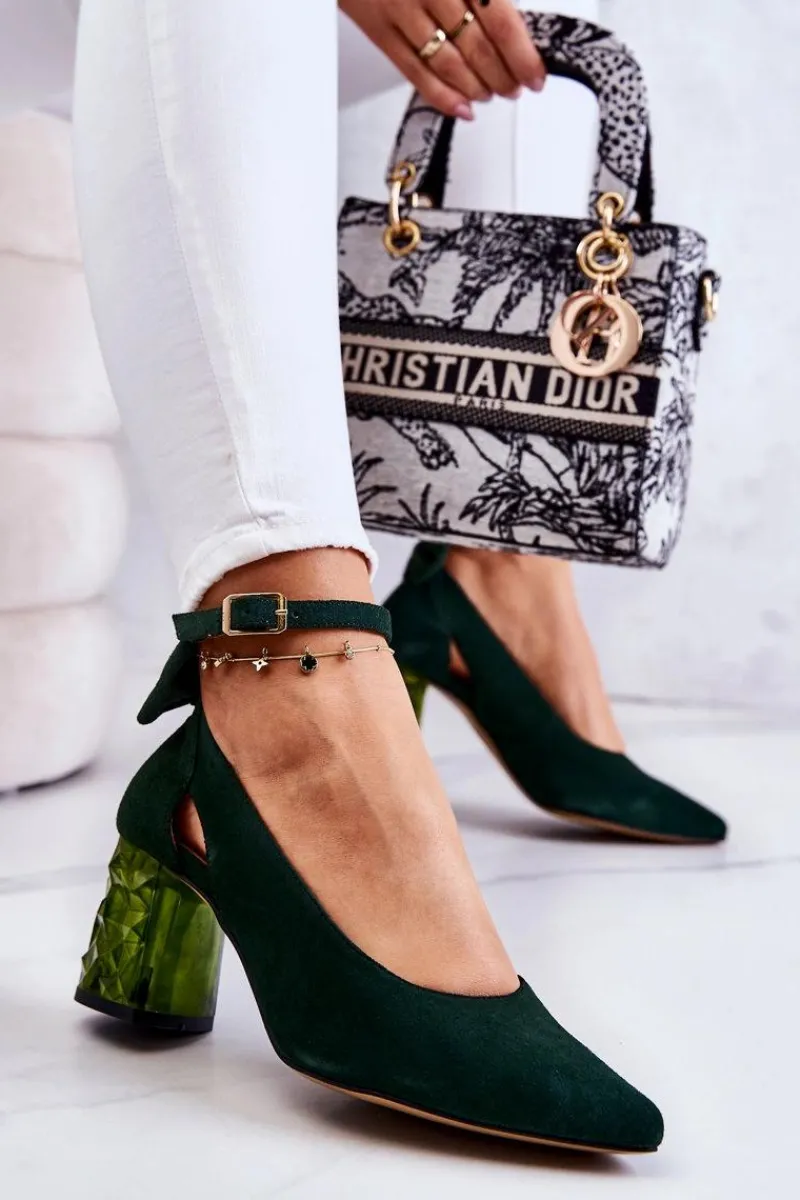 Czółenka Na Słupku>Maciejka Zamszowe Czółenka Z Kokardką 05059-09 Ciemnozielone