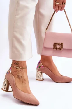 Online Zamszowe Czółenka Z Ozdobnym Obcasem 05042-15 Różowe Damskie Czółenka Na Słupku|Czółenka Klasyczne