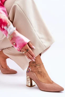 Online Zamszowe Czółenka Z Ozdobnym Obcasem 05042-15 Różowe Damskie Czółenka Na Słupku|Czółenka Klasyczne