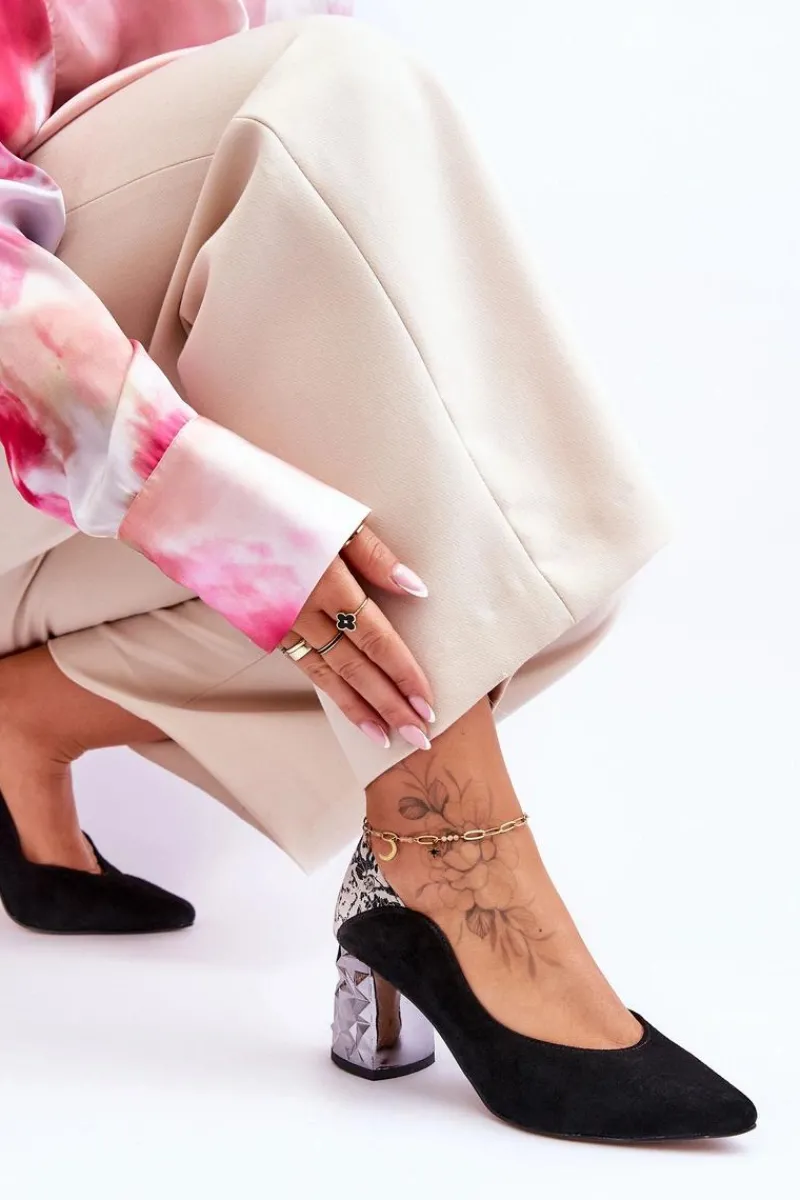 Czółenka Na Słupku|Czółenka Klasyczne>Maciejka Zamszowe Czółenka Z Ozdobnym Obcasem 05042-43 Czarne