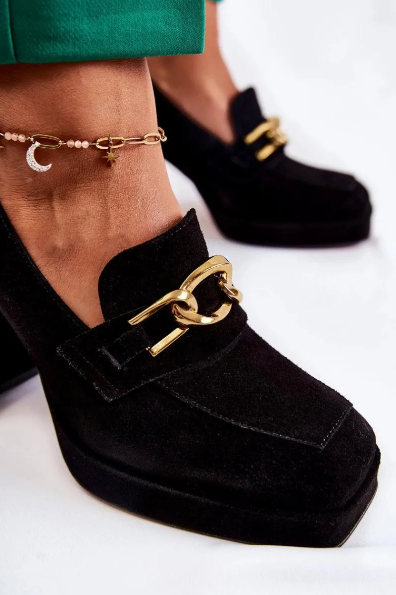 Online Laura Messi Zamszowe Czółenka Z Ozdobnym Łańcuchem 2444 Czarne Czarny