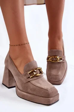 Discount Zamszowe Czółenka Z Ozdobnym Łańcuchem 2444 Jasnobrązowe Damskie Czółenka Klasyczne