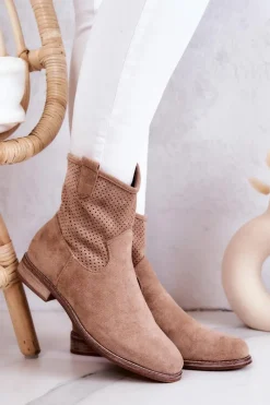 Botki Wiosenne|Brązowe I Beżowe Botki>Damskie buty S.Barski Zamszowe Damskie Ażurowe Botki Beżowe Lemar