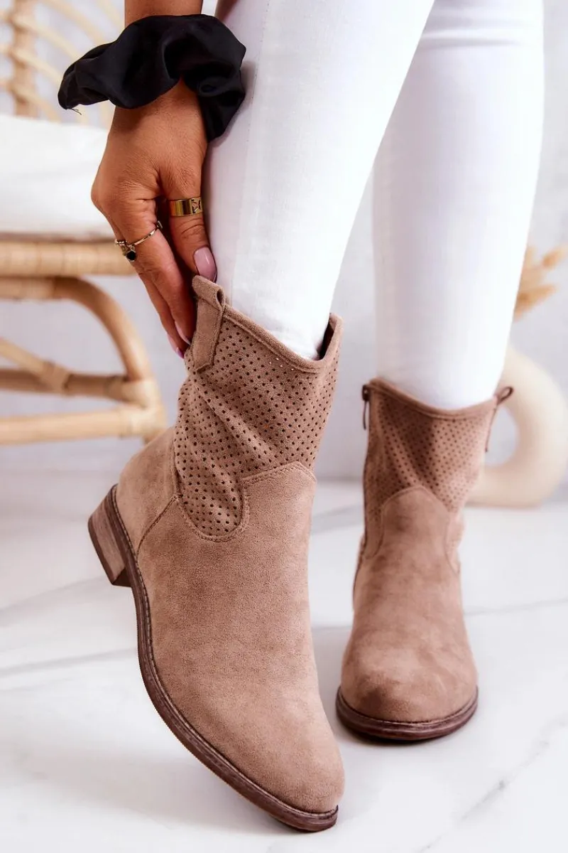 Botki Wiosenne|Brązowe I Beżowe Botki>Damskie buty S.Barski Zamszowe Damskie Ażurowe Botki Beżowe Lemar