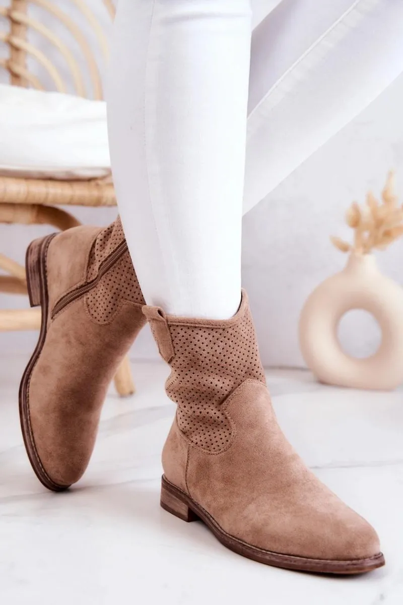 Botki Wiosenne|Brązowe I Beżowe Botki>Damskie buty S.Barski Zamszowe Damskie Ażurowe Botki Beżowe Lemar