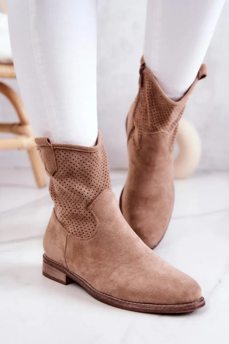 Botki Wiosenne|Brązowe I Beżowe Botki>Damskie buty S.Barski Zamszowe Damskie Ażurowe Botki Beżowe Lemar