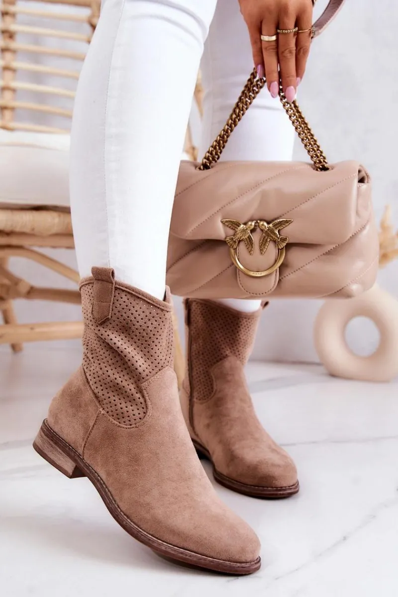 Botki Wiosenne|Brązowe I Beżowe Botki>Damskie buty S.Barski Zamszowe Damskie Ażurowe Botki Beżowe Lemar