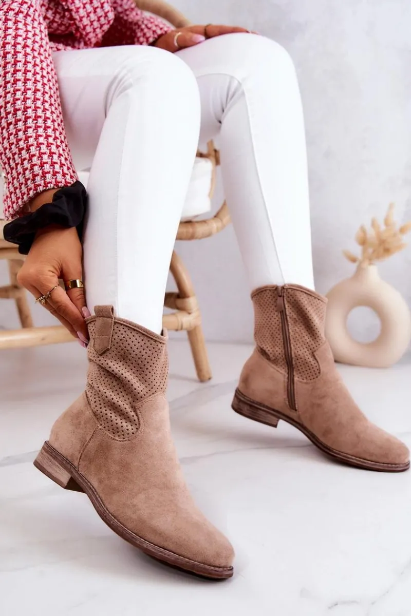 Botki Wiosenne|Brązowe I Beżowe Botki>Damskie buty S.Barski Zamszowe Damskie Ażurowe Botki Beżowe Lemar