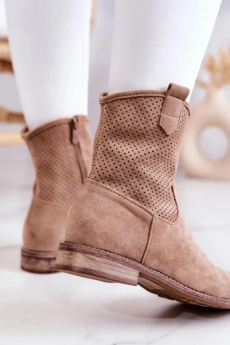 Botki Wiosenne|Brązowe I Beżowe Botki>Damskie buty S.Barski Zamszowe Damskie Ażurowe Botki Beżowe Lemar