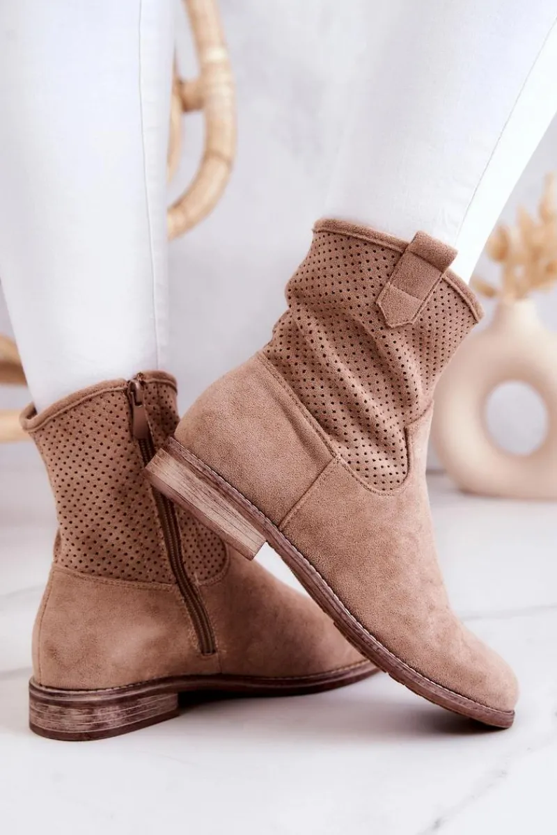 Botki Wiosenne|Brązowe I Beżowe Botki>Damskie buty S.Barski Zamszowe Damskie Ażurowe Botki Beżowe Lemar