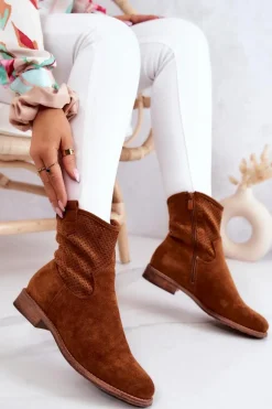 Hot Zamszowe Damskie Ażurowe Botki Camel Lemar Damskie Botki Wiosenne|Brązowe I Beżowe Botki