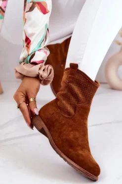 Hot Zamszowe Damskie Ażurowe Botki Camel Lemar Damskie Botki Wiosenne|Brązowe I Beżowe Botki