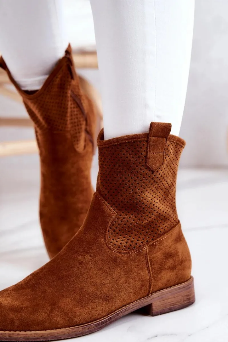 Hot Zamszowe Damskie Ażurowe Botki Camel Lemar Damskie Botki Wiosenne|Brązowe I Beżowe Botki