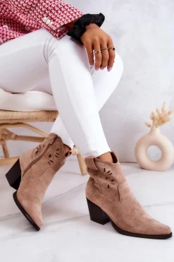 Botki Wiosenne|Botki Na Słupku>Damskie buty S.Barski Zamszowe Damskie Botki Kowbojki Beżowe Devon