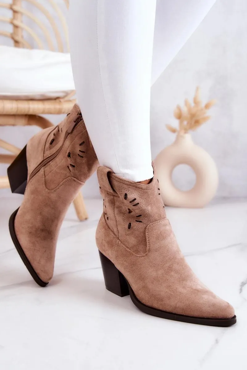 Botki Wiosenne|Botki Na Słupku>Damskie buty S.Barski Zamszowe Damskie Botki Kowbojki Beżowe Devon