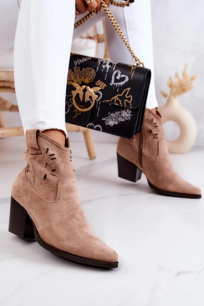 Botki Wiosenne|Botki Na Słupku>Damskie buty S.Barski Zamszowe Damskie Botki Kowbojki Beżowe Devon