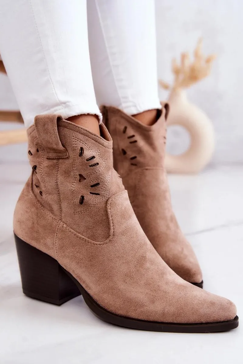 Botki Wiosenne|Botki Na Słupku>Damskie buty S.Barski Zamszowe Damskie Botki Kowbojki Beżowe Devon