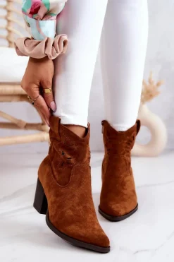 Hot Zamszowe Damskie Botki Kowbojki Camel Devon Damskie Botki Wiosenne|Botki Na Słupku