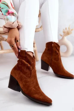 Hot Zamszowe Damskie Botki Kowbojki Camel Devon Damskie Botki Wiosenne|Botki Na Słupku