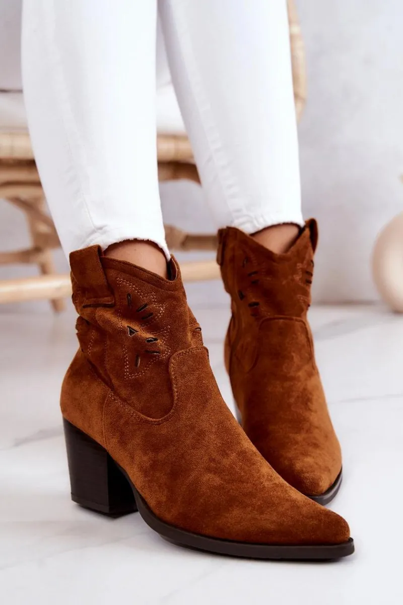 Hot Zamszowe Damskie Botki Kowbojki Camel Devon Damskie Botki Wiosenne|Botki Na Słupku