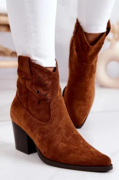 Hot Zamszowe Damskie Botki Kowbojki Camel Devon Damskie Botki Wiosenne|Botki Na Słupku