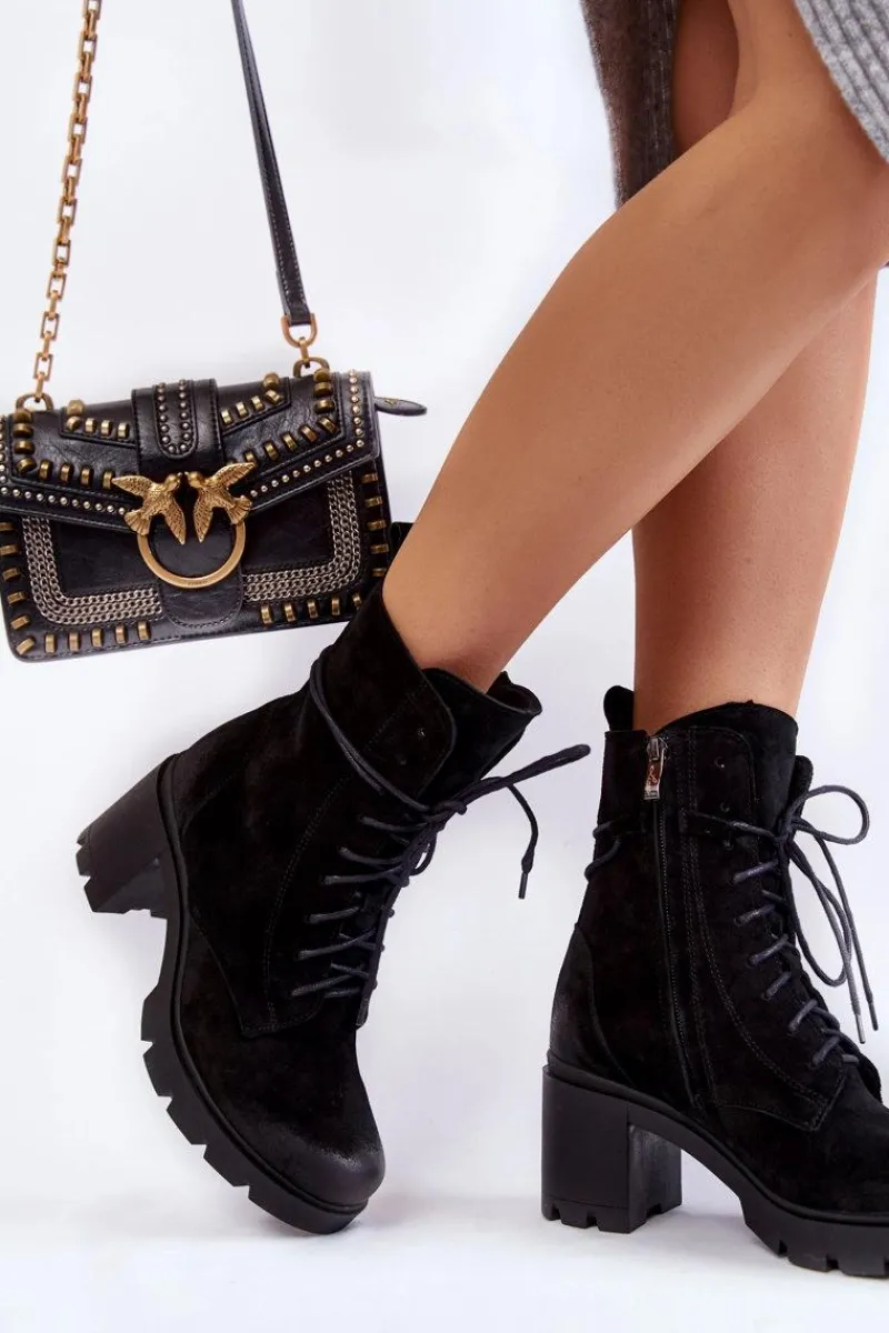 Boto Zamszowe Damskie Botki Na Obcasie Czarne Rea