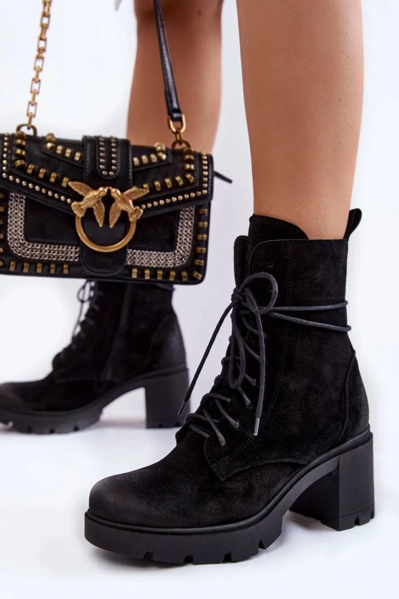 Boto Zamszowe Damskie Botki Na Obcasie Czarne Rea