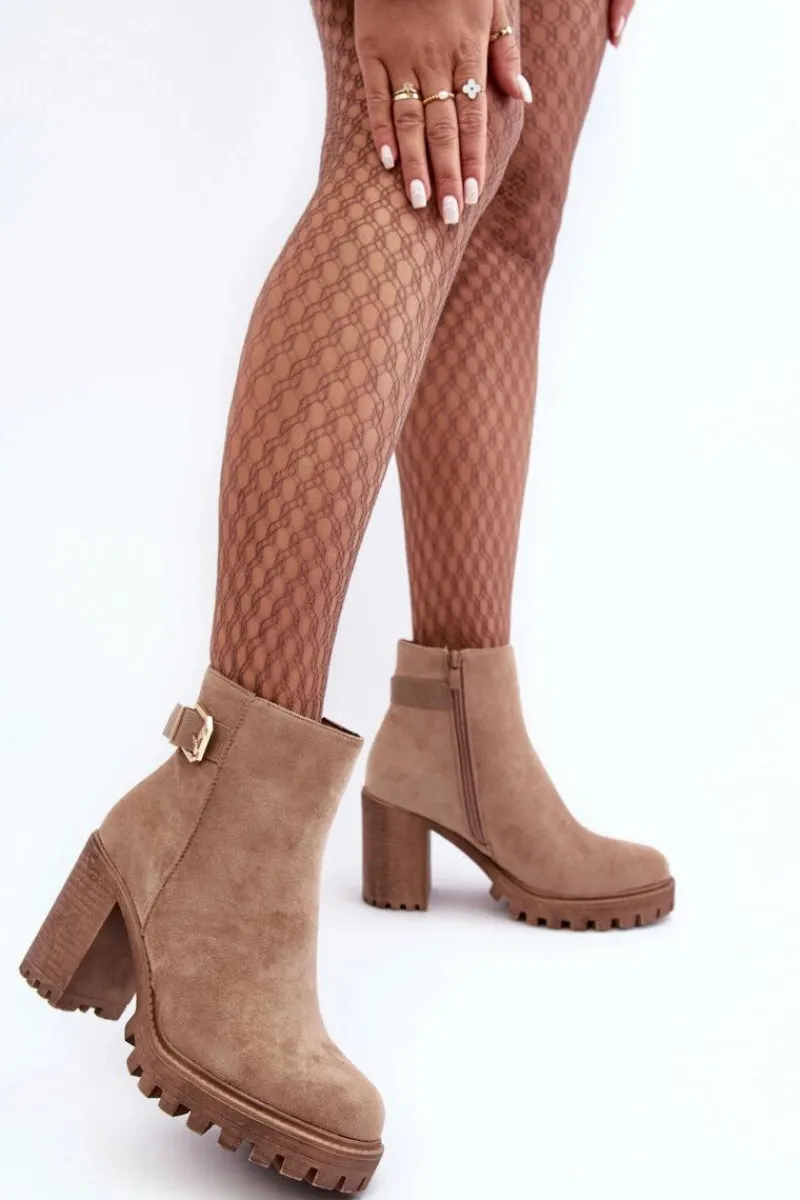 Sale Boto Zamszowe Damskie Botki Na Słupku Z Ozdobą Beżowe Menoria