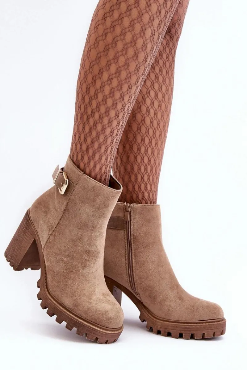 Sale Boto Zamszowe Damskie Botki Na Słupku Z Ozdobą Beżowe Menoria