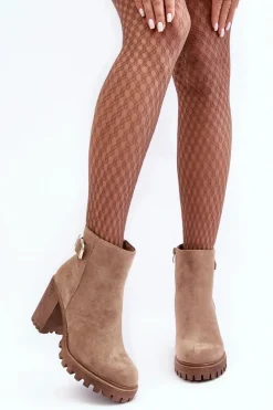 Sale Boto Zamszowe Damskie Botki Na Słupku Z Ozdobą Beżowe Menoria