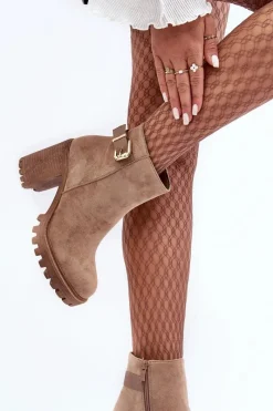 Sale Boto Zamszowe Damskie Botki Na Słupku Z Ozdobą Beżowe Menoria