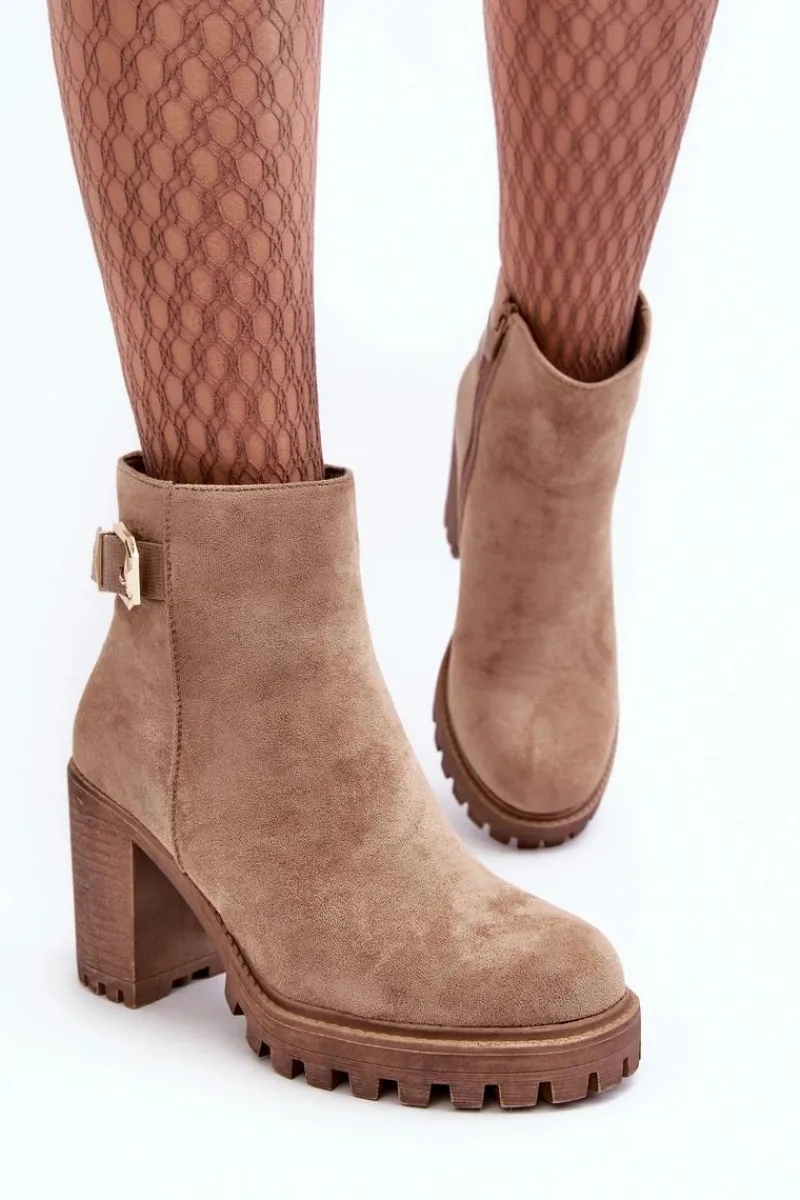 Sale Boto Zamszowe Damskie Botki Na Słupku Z Ozdobą Beżowe Menoria