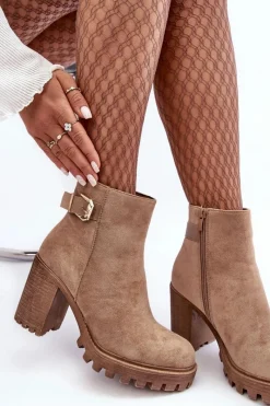 Sale Boto Zamszowe Damskie Botki Na Słupku Z Ozdobą Beżowe Menoria