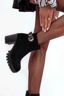 Sale Zamszowe Damskie Botki Na Słupku Z Ozdobą Czarne Menoria Damskie Botki Ocieplane|Czarne Botki