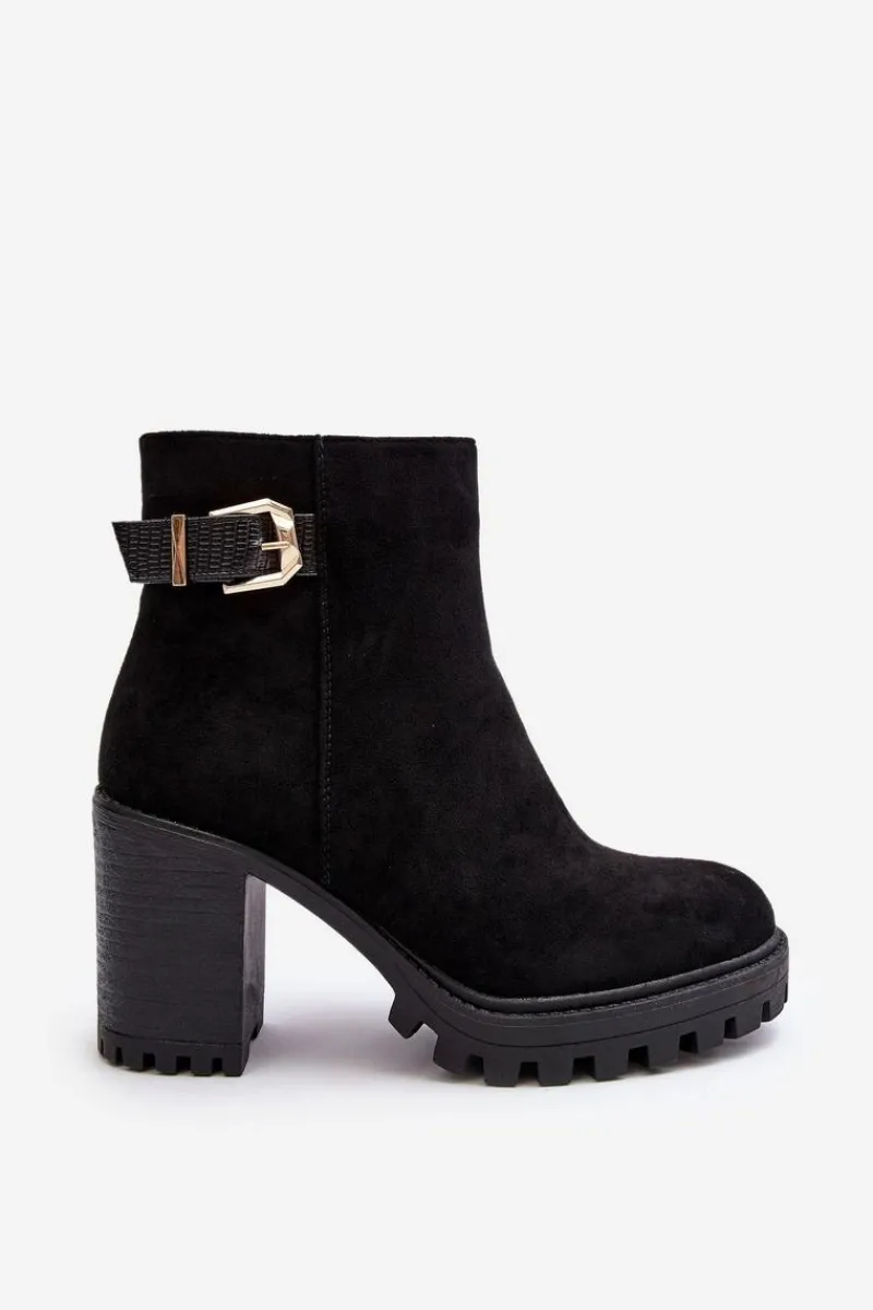 Sale Zamszowe Damskie Botki Na Słupku Z Ozdobą Czarne Menoria Damskie Botki Ocieplane|Czarne Botki