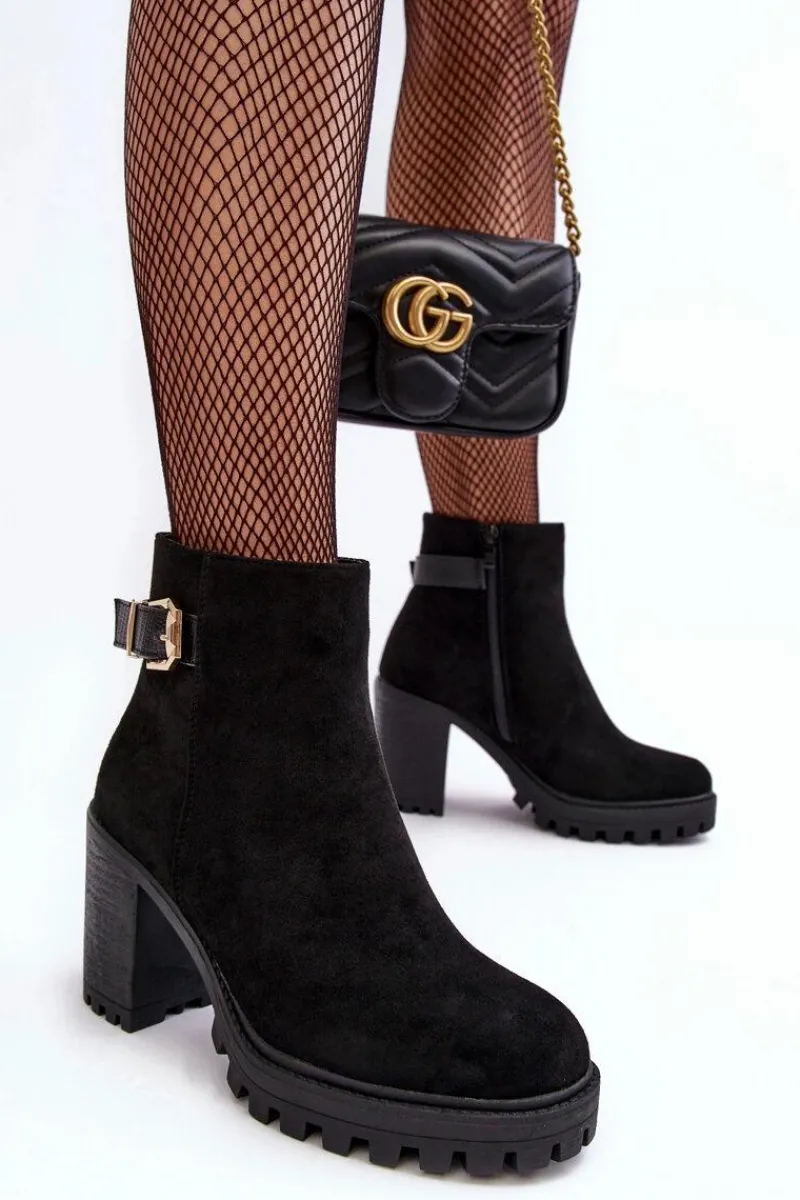 Sale Zamszowe Damskie Botki Na Słupku Z Ozdobą Czarne Menoria Damskie Botki Ocieplane|Czarne Botki