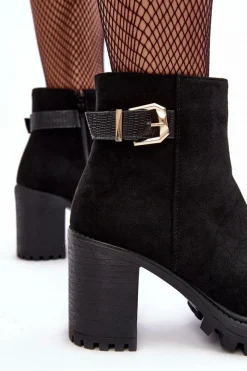 Sale Zamszowe Damskie Botki Na Słupku Z Ozdobą Czarne Menoria Damskie Botki Ocieplane|Czarne Botki