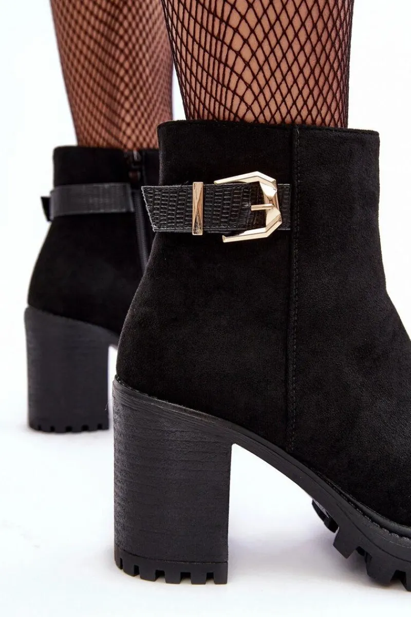 Sale Zamszowe Damskie Botki Na Słupku Z Ozdobą Czarne Menoria Damskie Botki Ocieplane|Czarne Botki