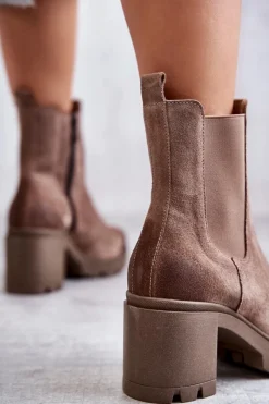 Hot Zamszowe Damskie Botki Na Platformie Beżowe Lemar Martine Damskie Botki Ocieplane|Botki Skórzane