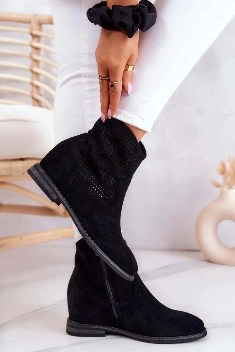 Best Zamszowe Damskie Botki Ukryty Koturn Czarne Solene Damskie Botki Wiosenne|Botki Na Koturnie