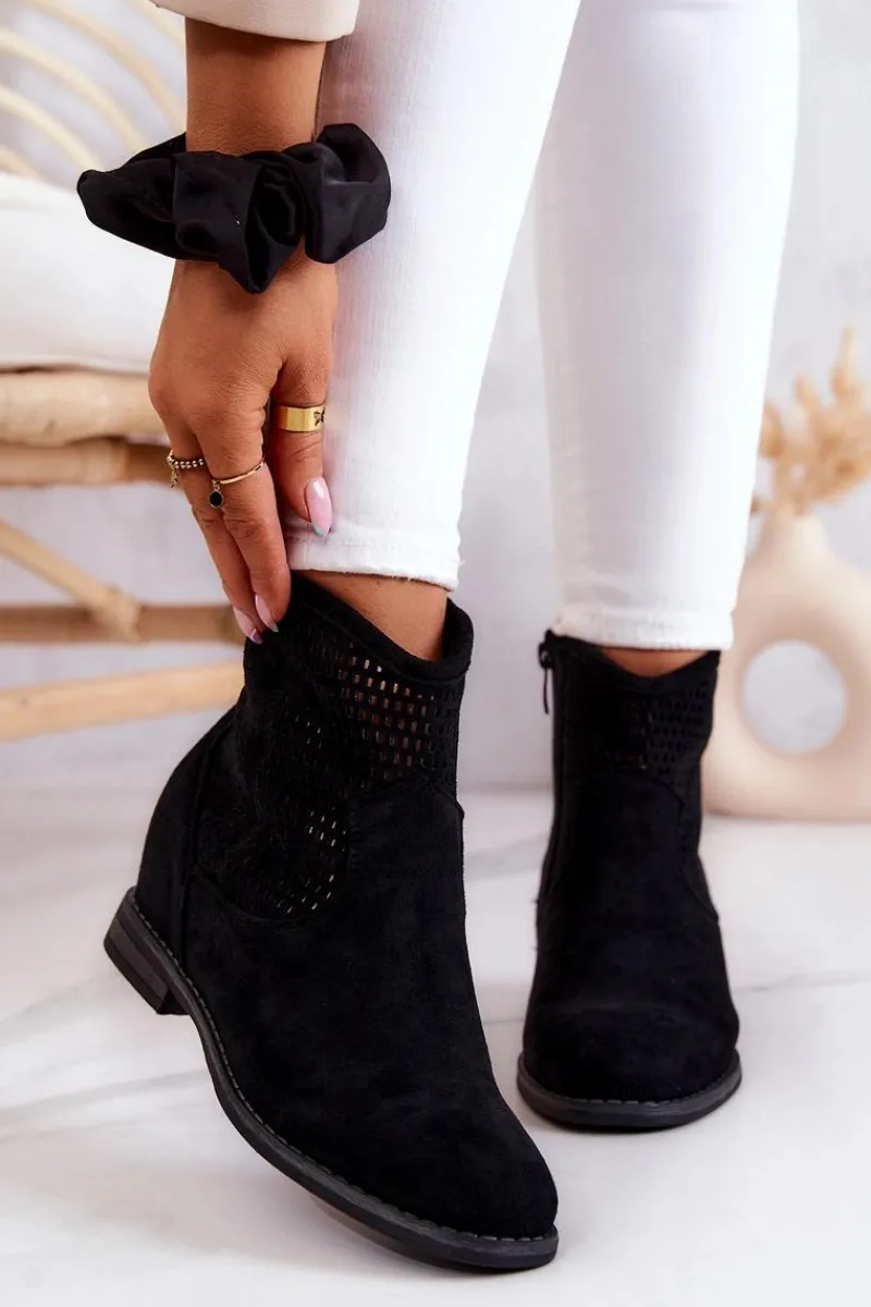 Best Zamszowe Damskie Botki Ukryty Koturn Czarne Solene Damskie Botki Wiosenne|Botki Na Koturnie