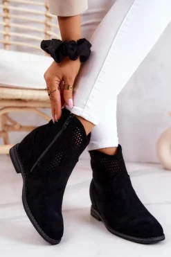 Best Zamszowe Damskie Botki Ukryty Koturn Czarne Solene Damskie Botki Wiosenne|Botki Na Koturnie